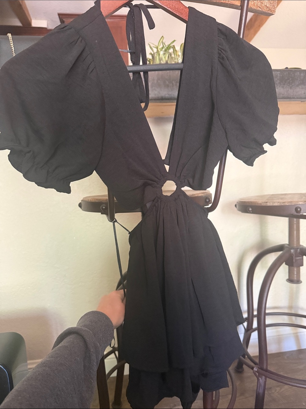 Women's Black Backless Puff-Sleeve Mini Romper with Ring Detail